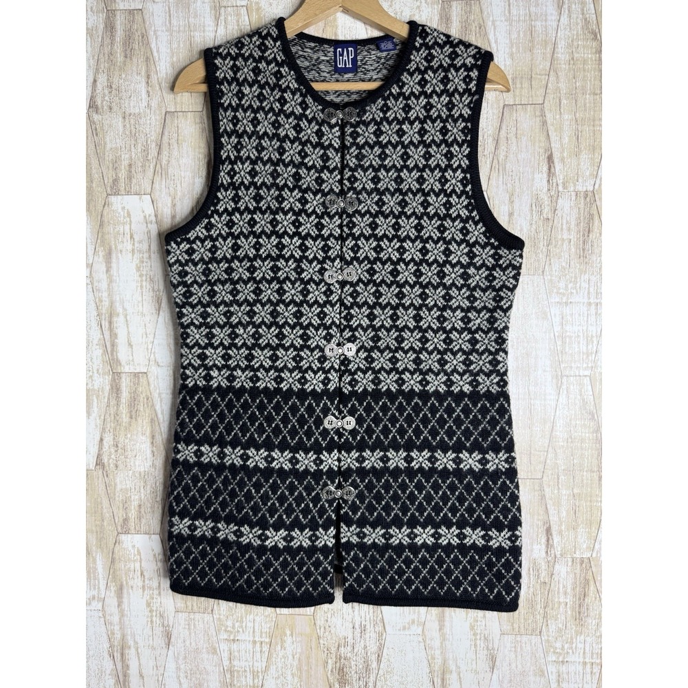 Vintage GAP Sweater Vest Cardigan Womens Size M Preppy Wool Holiday Toggle 80's